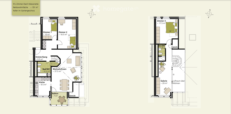 Floor plan of a 2.5-room attic maisonette with 151 m² net living area, including a kitchen, living/dining area, three bedrooms, bathroom, and balcony.