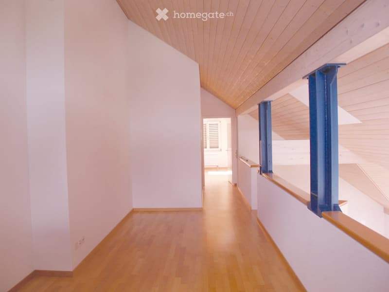 Empty hallway with light wooden flooring, white walls, and a slanted wooden ceiling. Blue structural supports are visible on the right side.