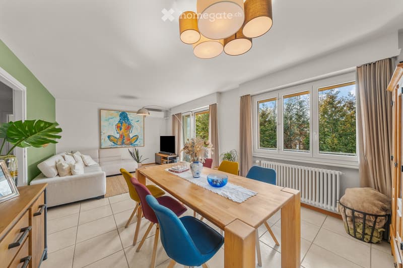 Bright living and dining area with large windows, a white sofa, a wooden dining table with colorful chairs, a television, and decorative items including a vase and artwork.