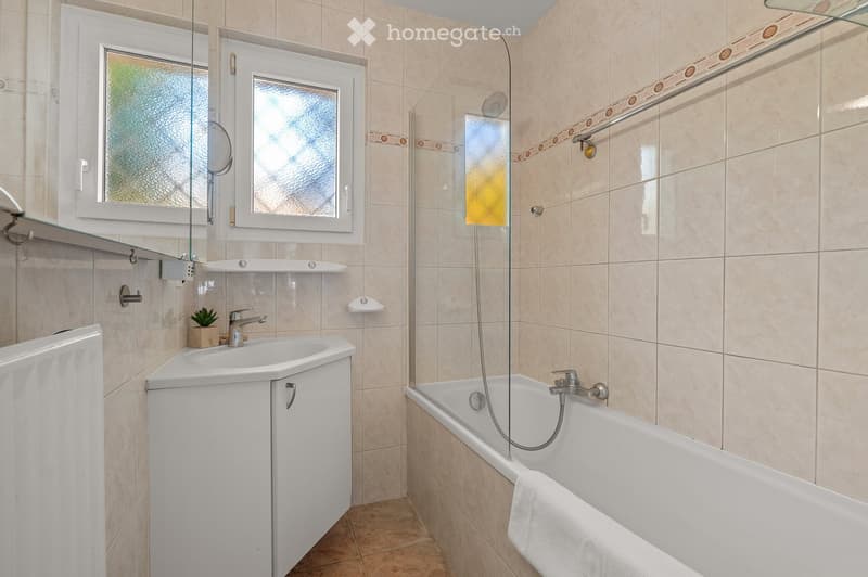 Modern bathroom with a white sink, bathtub, and glass shower enclosure. Features beige tiles, a small potted plant on the sink cabinet, and two windows with frosted glass.