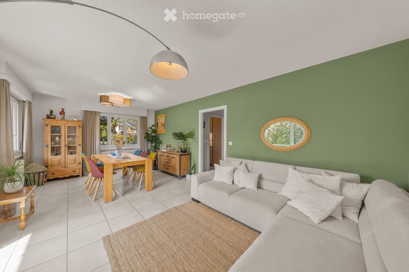 A modern living and dining area with a grey sectional sofa, coffee table, dining table with colorful chairs, wooden cabinet, and decorative plants.