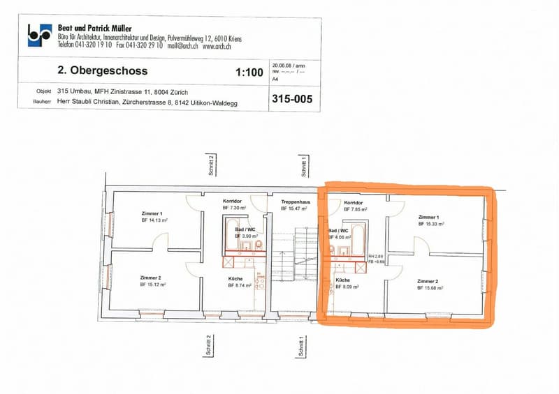 Floor plan of the second floor showing two apartments with rooms, corridors, bathrooms, and kitchens.