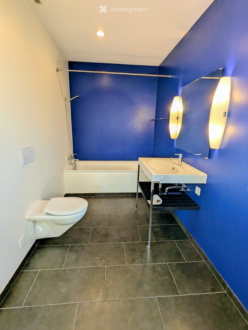 Modern bathroom with blue walls, a bathtub, toilet, sink, and a large mirror with integrated lighting.