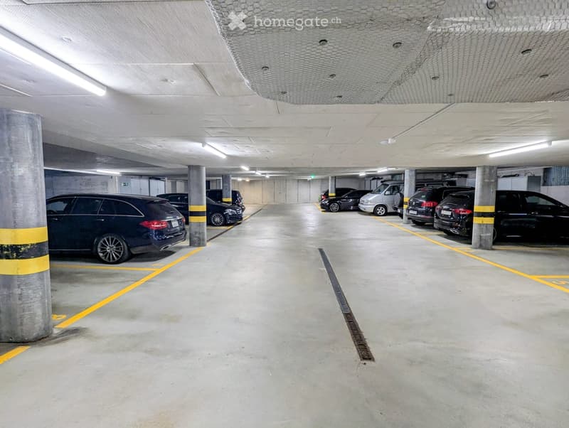 Underground parking area with several parked cars, concrete pillars, and yellow parking lines.