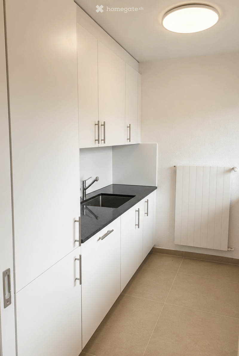 Modern kitchen with white cabinets, black countertop, stainless steel sink and faucet, and a built-in radiator.