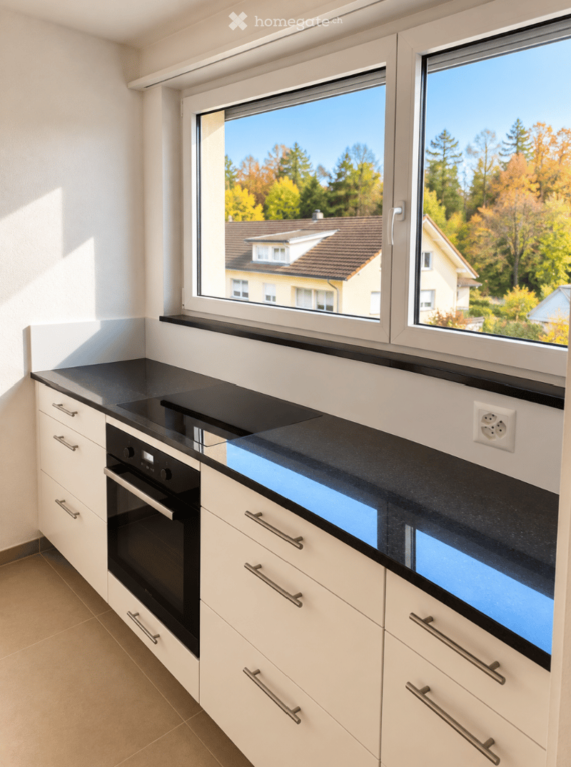 Modern kitchen with white cabinets, black countertop, and built-in oven. Large windows offer a view of the neighborhood.