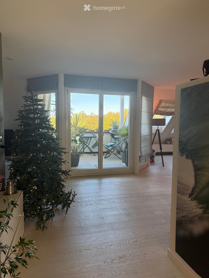 Bright living space with wooden flooring, large sliding glass doors opening to a balcony, a decorated Christmas tree, and a lamp near a picture frame.