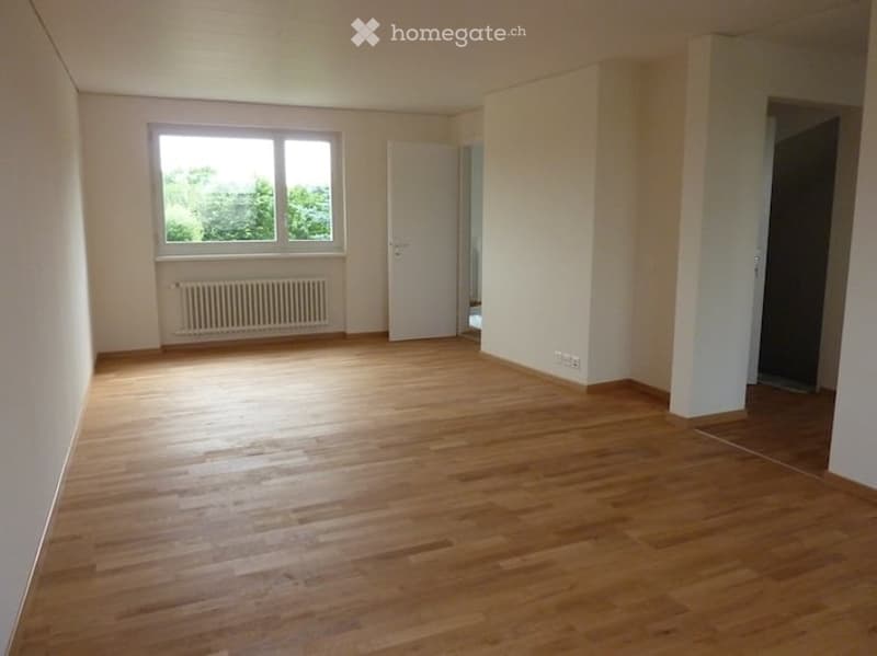 Empty room with wooden flooring, white walls, a window with a radiator below, and a white door.
