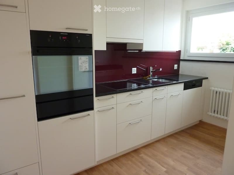Modern kitchen with white cabinets, black countertop, stainless steel sink, and built-in oven.
