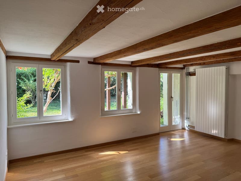 Empty room with wooden flooring, exposed wooden beams on the ceiling, and large windows offering a view of greenery outside.