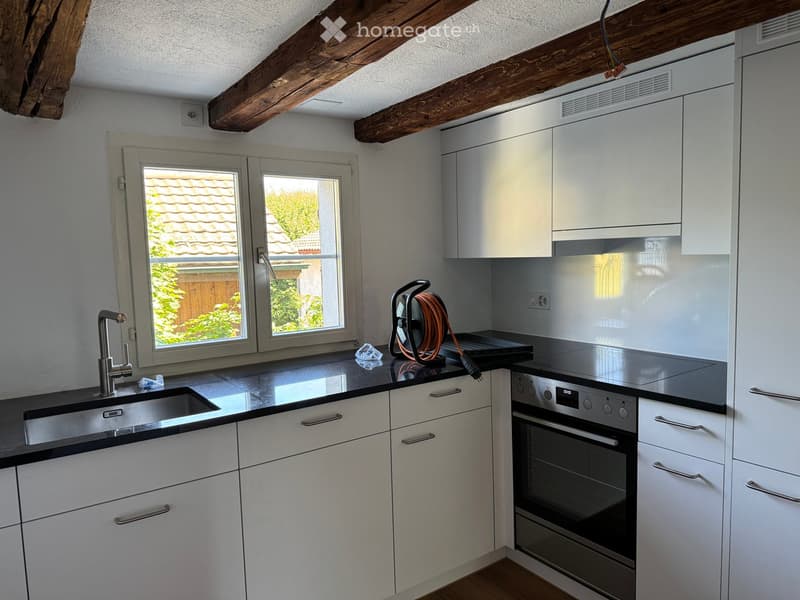 Modern kitchen with white cabinets, stainless steel sink and oven, and a black countertop.