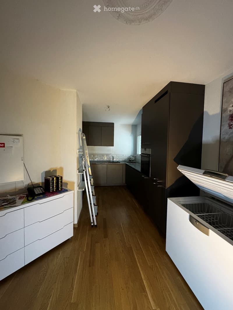 Modern kitchen with dark cabinets, light-colored countertops, and a wooden floor. Features include a refrigerator, dishwasher, sink, and a telephone on a white cabinet.