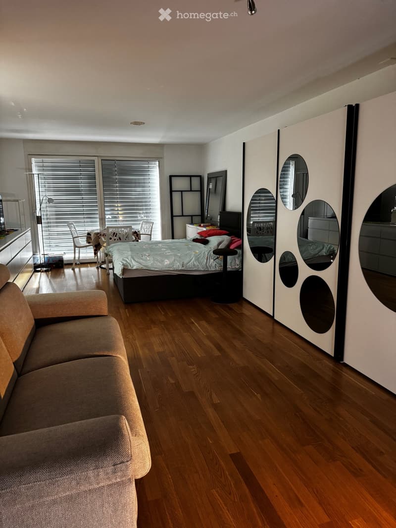 A modern, open-concept living and bedroom space with a sofa, bed, dining table, chairs, and a mirror. The room features wooden flooring and large windows with blinds.