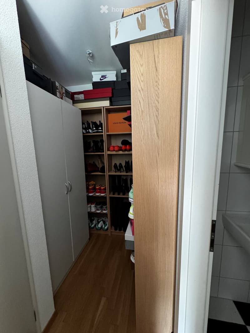 A narrow hallway with wooden flooring, a partially open closet with shoes and boxes, and a closed wooden door.