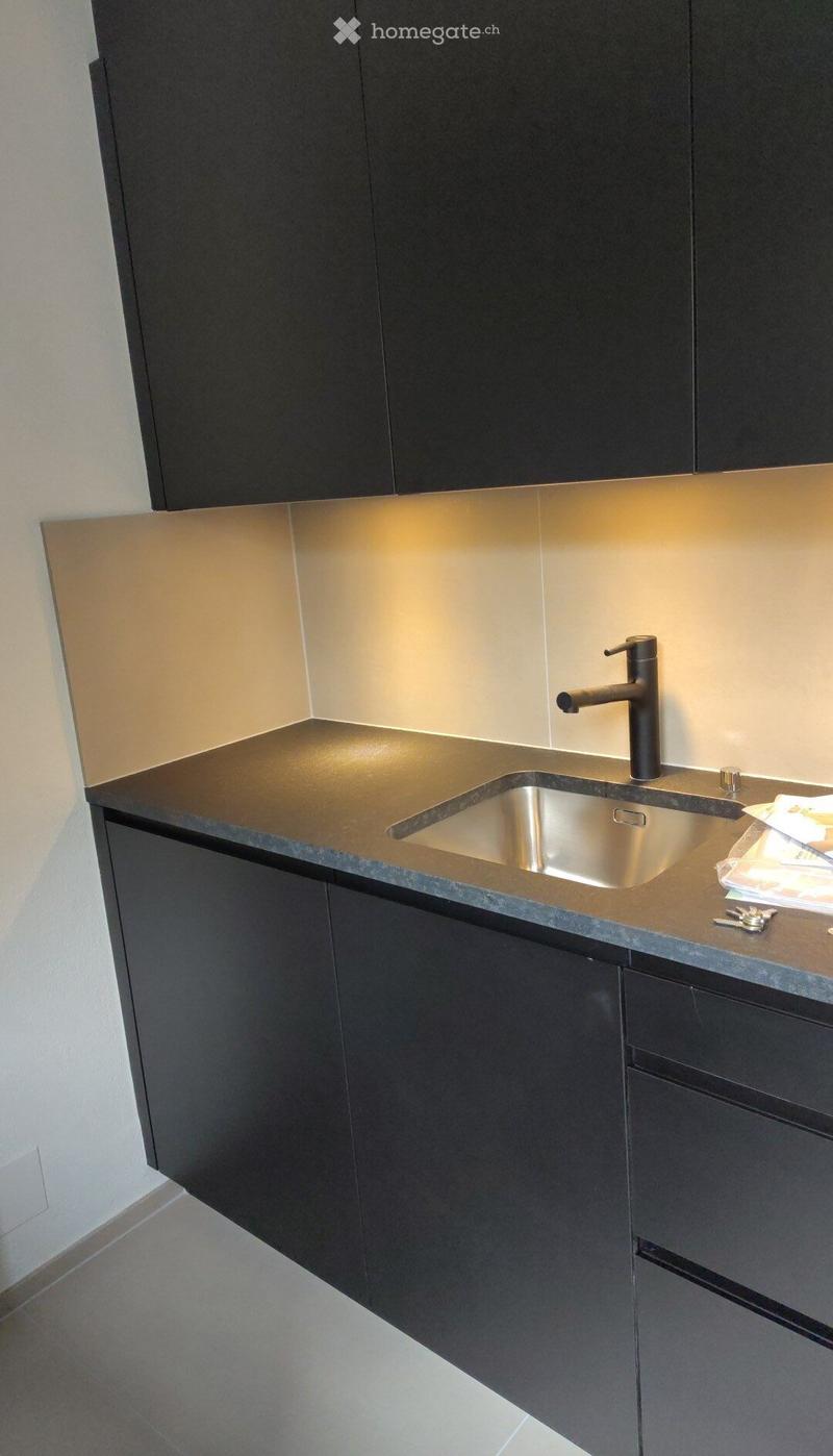 Modern kitchen with dark cabinets, a stainless steel sink, and a sleek faucet.