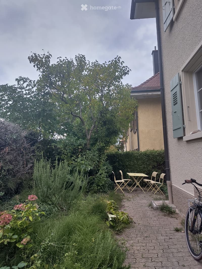 A small garden area with a brick pathway, a table and chairs, and lush greenery including trees and shrubs.