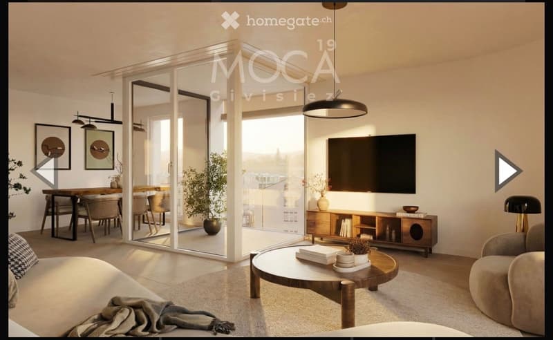 Modern living room with a large sliding glass door leading to a balcony, a sofa, coffee table, dining area with a table and chairs, a TV, and decorative items including lamps and plants.
