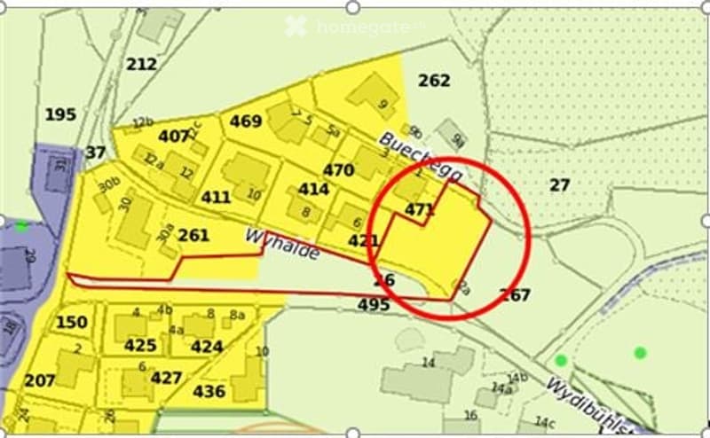 Floor plan of a residential area showing lot numbers and street names, including 'Buchengasse' and 'Wynardestrasse'.