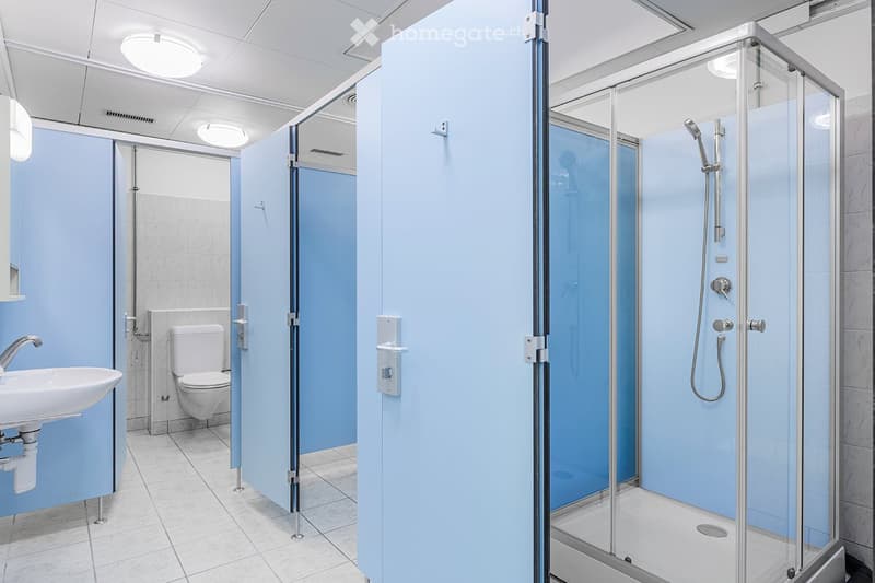 Modern bathroom with light blue walls, white tiled floor, a sink, toilet, and a glass-enclosed shower with a handheld showerhead.
