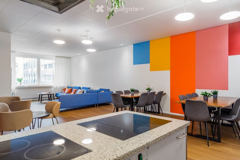 Modern, open-plan living and dining area with a blue sectional sofa, wooden dining table, induction cooktop, and colorful wall panels.