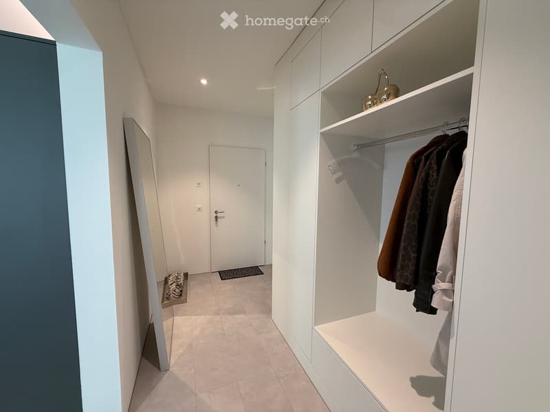 Modern hallway with white walls, tiled floor, built-in closet with hanging clothes, small shelf with decorative items, and a small rug near the door.