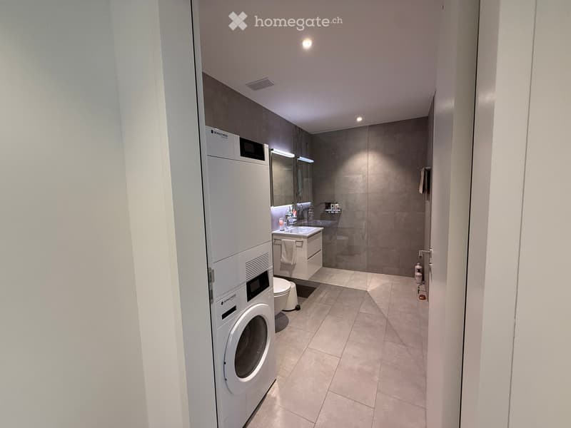 Modern bathroom with a washing machine, sink, toilet, and a glass-enclosed shower area.