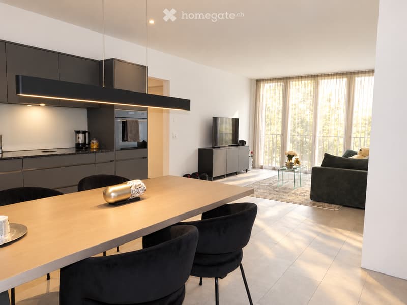 Modern open-plan living and dining area with a sleek kitchen, a large dining table with chairs, a comfortable sofa, and a television. The space features large windows with sheer curtains, a modern light fixture, and a small glass coffee table with decorat