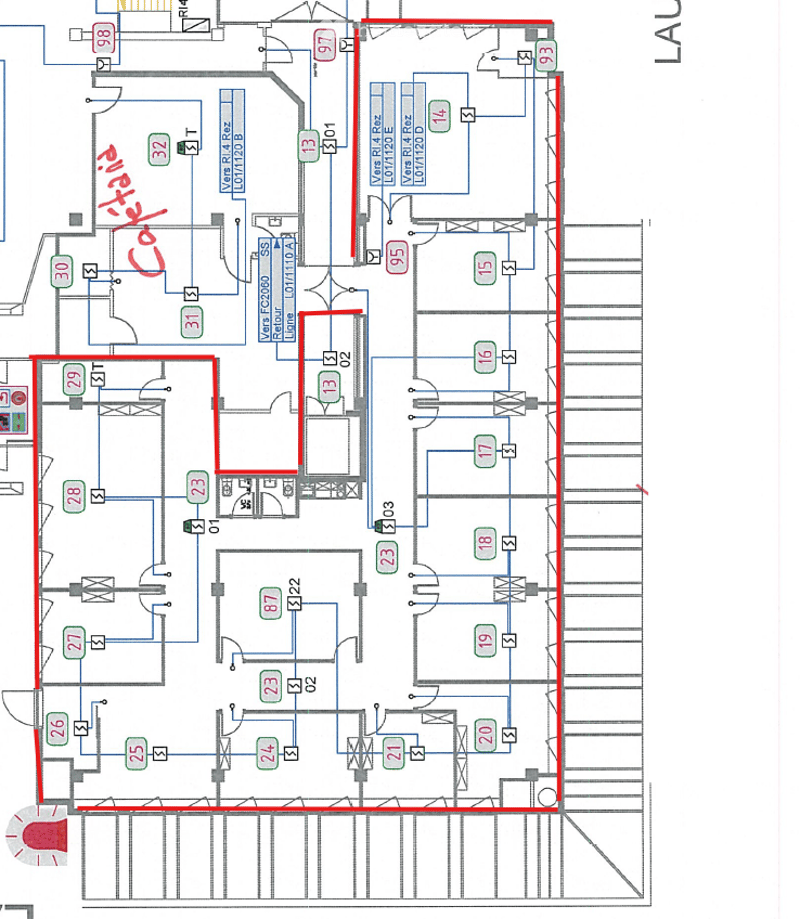 Floor plan of a commercial building with multiple rooms, labeled with numbers and names such as 'Vers Rz', 'Vers Rz', 'Home', and 'Office'.