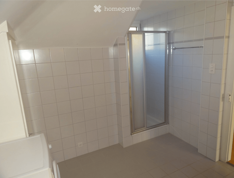Modern bathroom with tiled walls and a glass-enclosed shower stall. The floor is tiled in a warm brown color, and the walls are covered in light gray tiles.