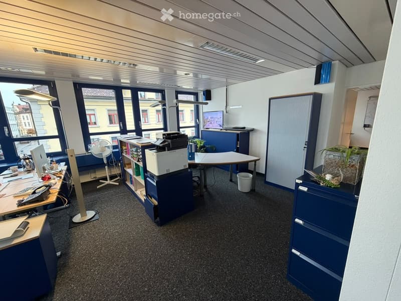 Office space with desks, chairs, computers, printers, a fan, cabinets, and plants.