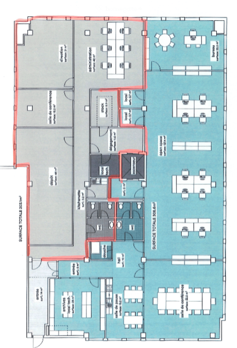 Office floor plan with multiple rooms including reception, meeting rooms, open workspace, break room, and private offices.