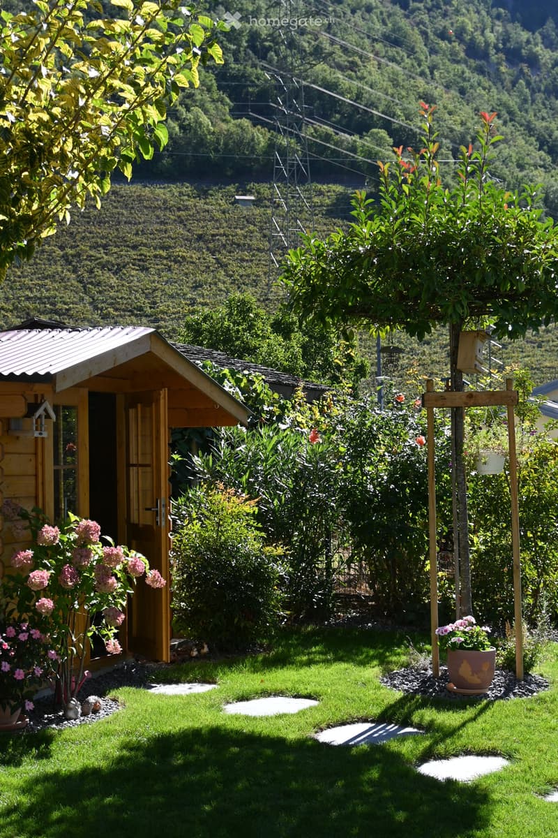 A well-maintained garden with a wooden shed, lush greenery, flowering plants, and a grassy lawn.
