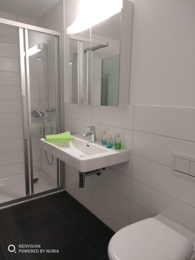 Modern bathroom with white tiles, a white sink, a large mirror, a toilet, and a glass-enclosed shower. The sink has a modern faucet and is adorned with a green towel and small decorative bottles.