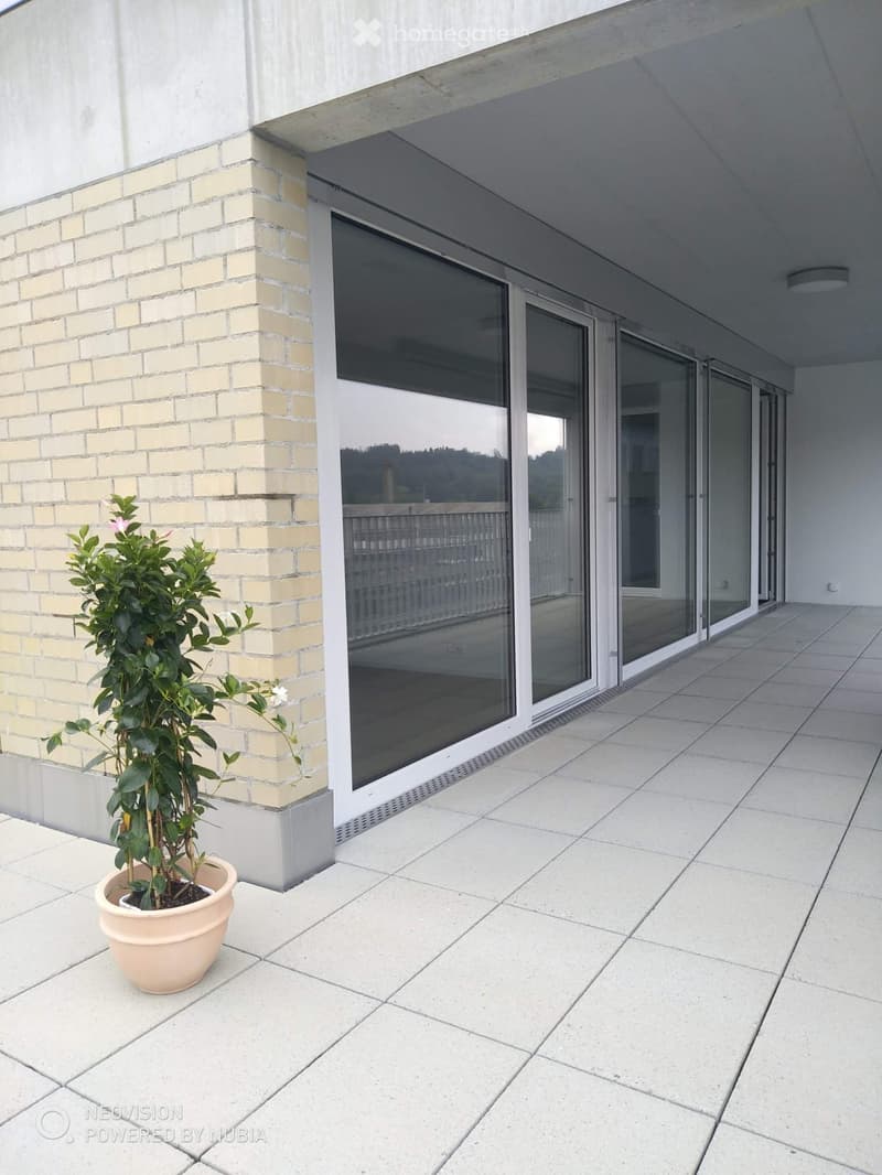 Balcony with tiled floor, large glass sliding doors, and a potted plant near the wall.