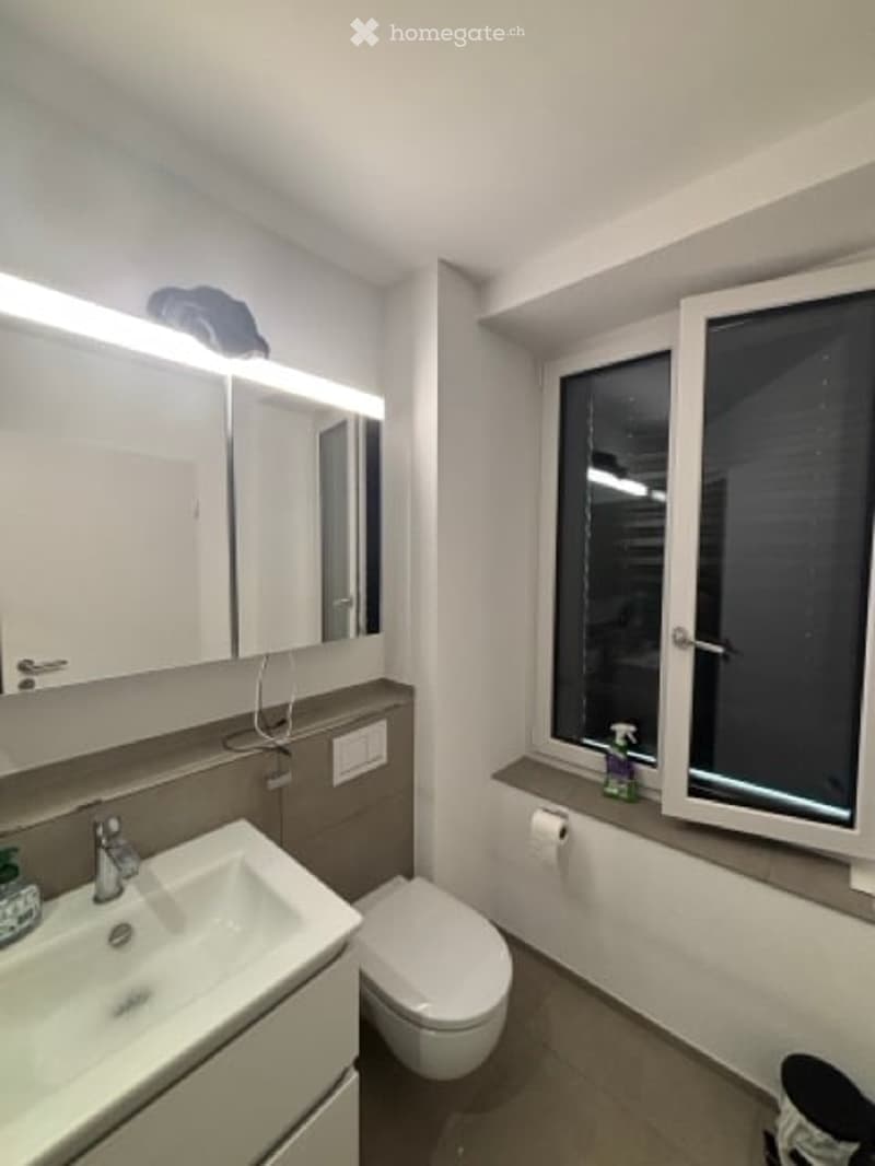 Modern bathroom with a large mirror, sink, toilet, and window. Features a sleek design with white cabinets and a light fixture above the mirror.