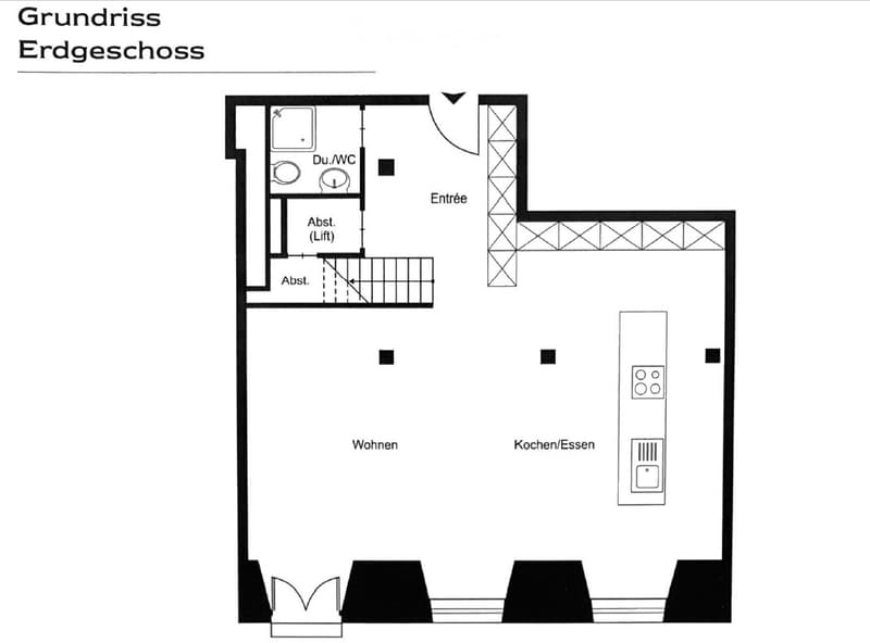 Ground floor layout showing living area, kitchen/dining, bathroom, entrance, and elevator access.