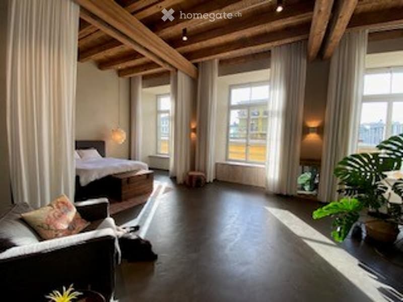 A spacious, modern living area with exposed wooden beams, large windows, a comfortable sofa, a bed, a small table, and a potted plant. The room features a mix of contemporary and rustic elements, with warm lighting and ample natural light.