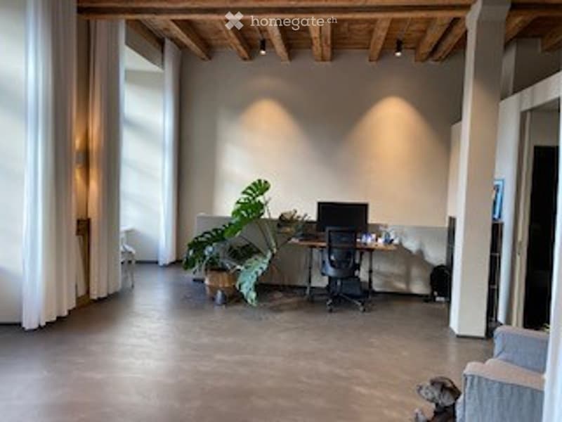 Bright, open-plan room with exposed wooden beams, concrete floor, large windows, and a small workspace area with a desk, chair, laptop, and a leafy plant.