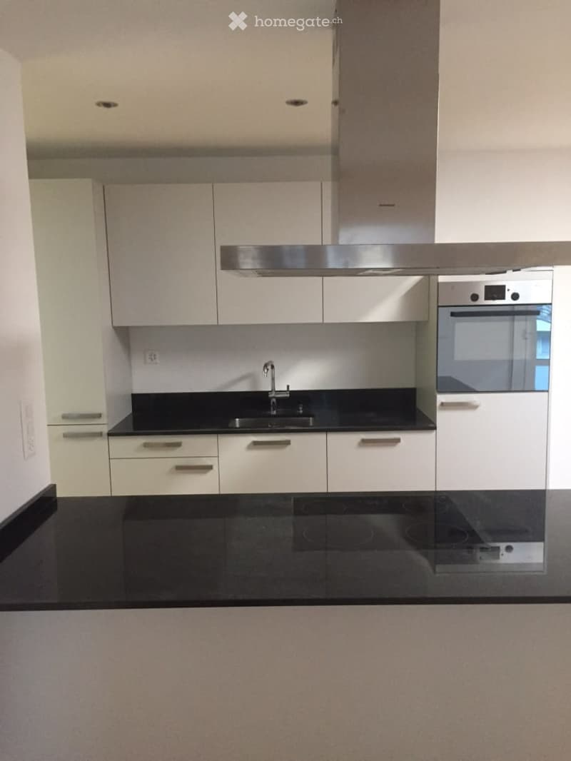 Modern kitchen with white cabinets, black countertops, stainless steel sink, and built-in oven.