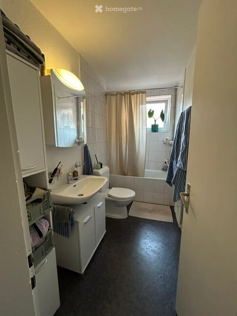 Modern bathroom with white tiles, a sink, mirror, toilet, bathtub, and a shower curtain. A towel hangs on the side, and a small plant is visible on the windowsill.