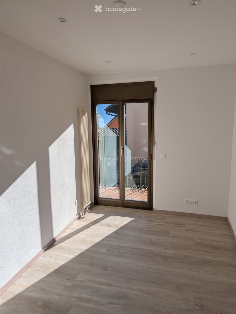 Empty hallway with wooden flooring, white walls, and a large glass door leading outside. Natural light streams in from the left side.