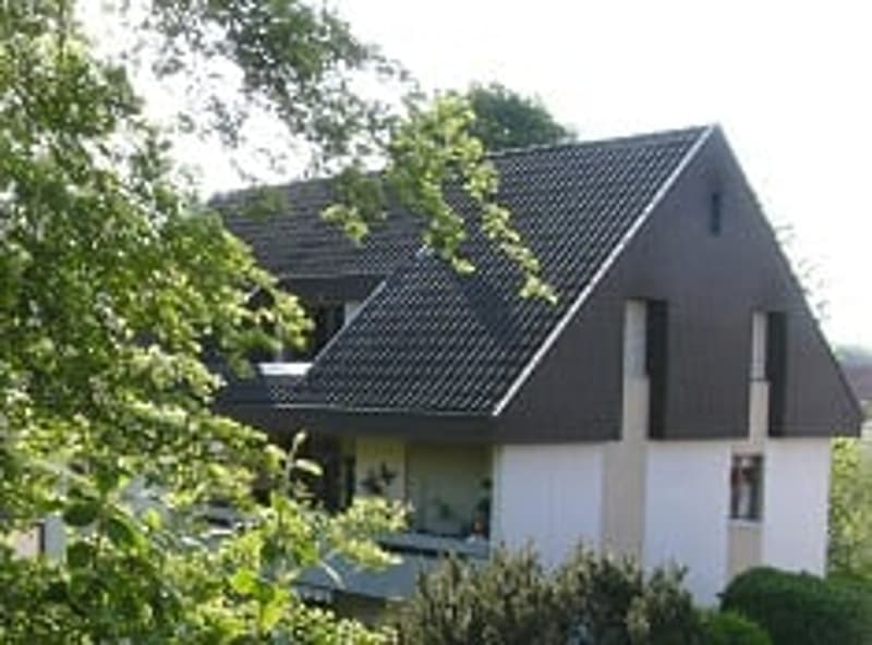 Two-story house with a dark roof, white walls, and multiple windows. The house is surrounded by greenery and trees.