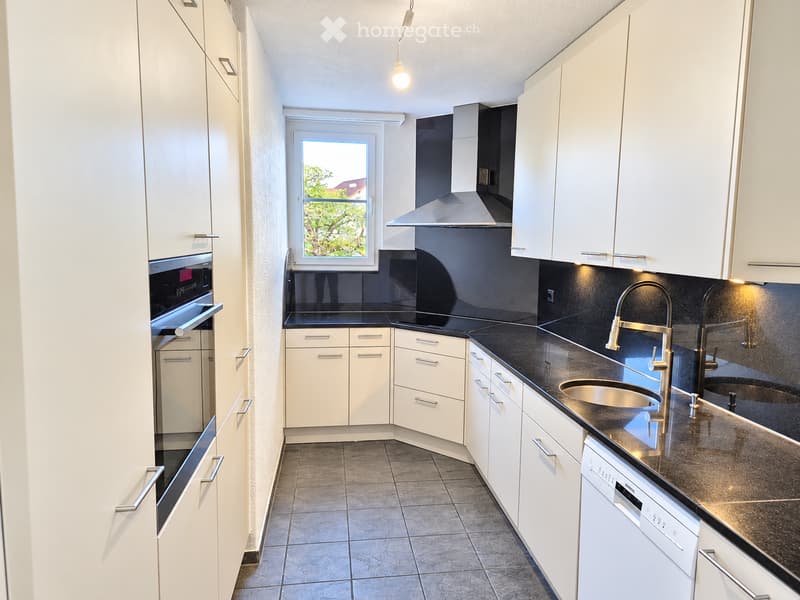 Modern kitchen with white cabinets, black countertops, stainless steel sink and faucet, built-in oven, and dishwasher.