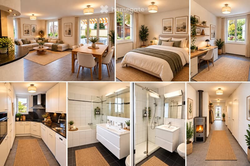 A collage of six interior spaces: a living room with a sofa, coffee table, and dining area; a bedroom with a bed, desk, and shelves; a modern kitchen with cabinets, appliances, and a countertop; a bathroom with a bathtub, shower, and sink; a hallway with