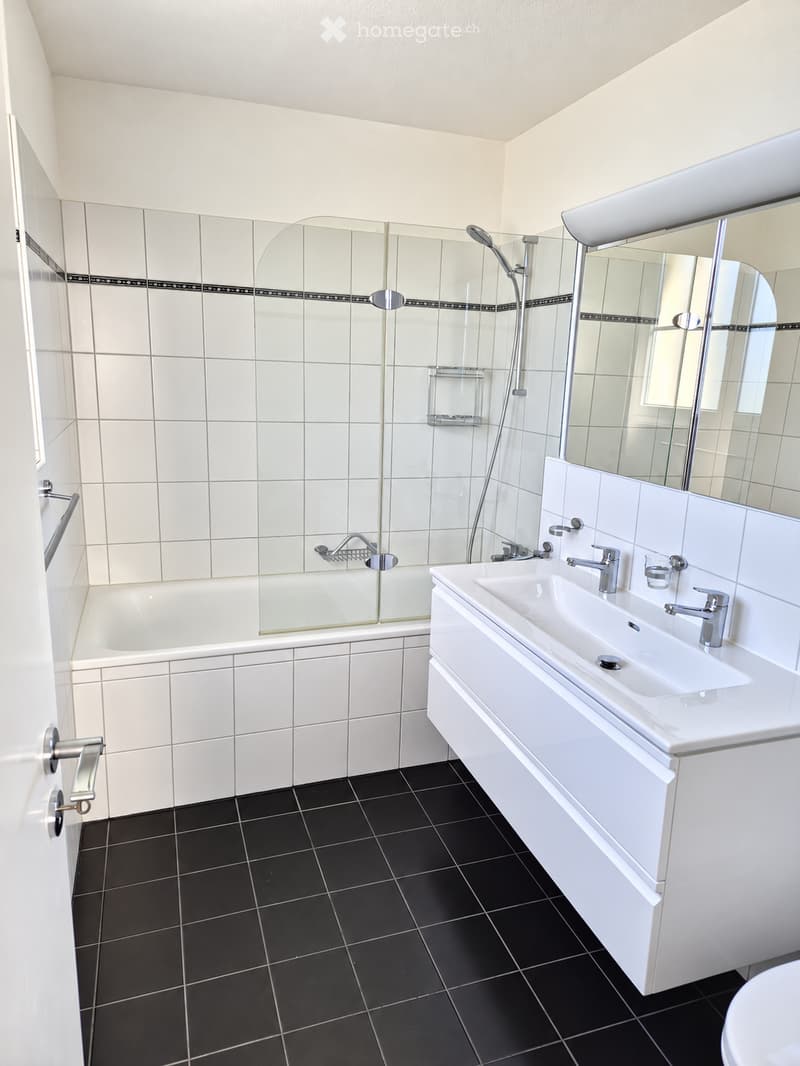 Modern bathroom with white tiles, black floor tiles, a bathtub, a sink with a modern faucet, a large mirror, and a glass-enclosed shower area.