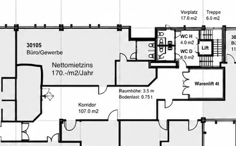 Floor plan of a commercial and residential space with a WC, office, storage room, and corridor.