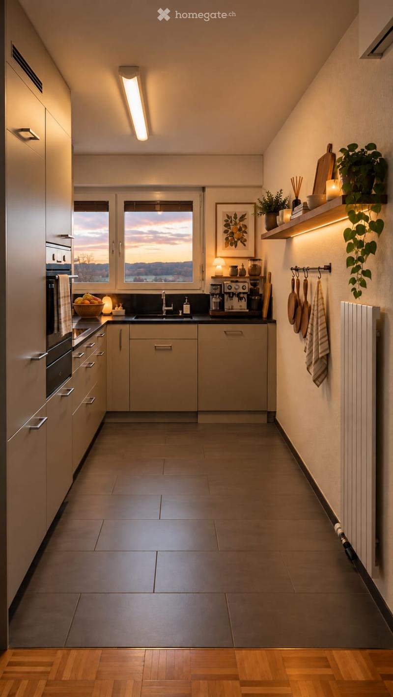Modern kitchen with light-colored cabinets, stainless steel appliances, and a large window offering a scenic view. The space includes a sink, coffee maker, fruit bowl, and decorative items on shelves.