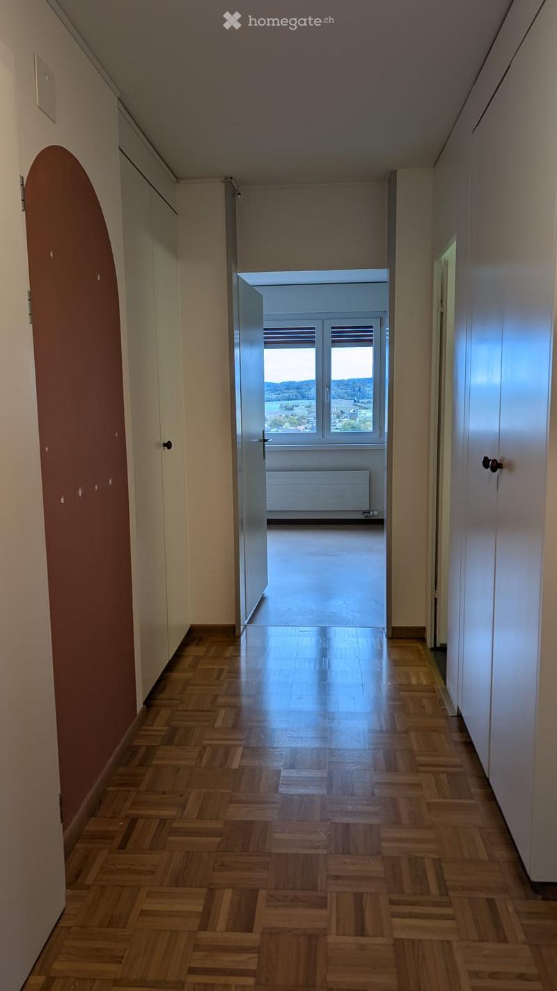 A long, narrow hallway with wooden flooring and white walls, leading to a room with large windows and a radiator.