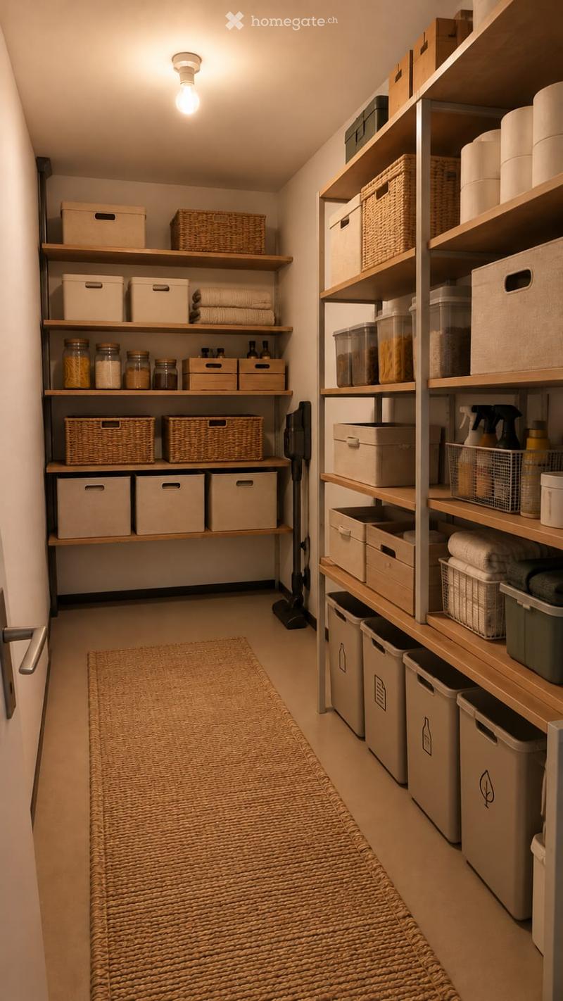 Well-organized storage area with wooden shelves, baskets, jars, cleaning supplies, and a woven runner on the floor.
