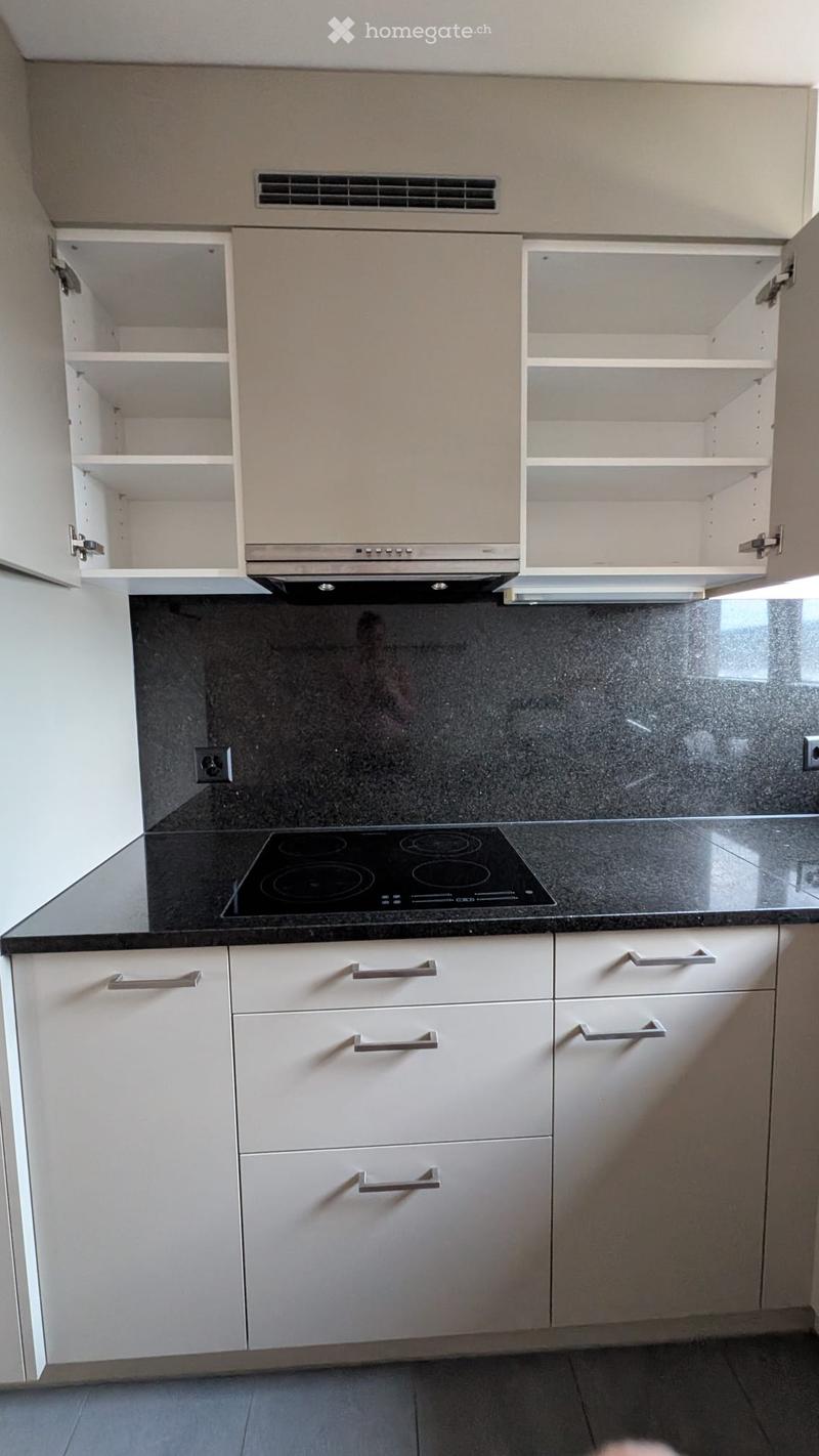 Modern kitchen with light grey cabinets, an induction stove, and open shelving. The countertops are black, and the floor is tiled.